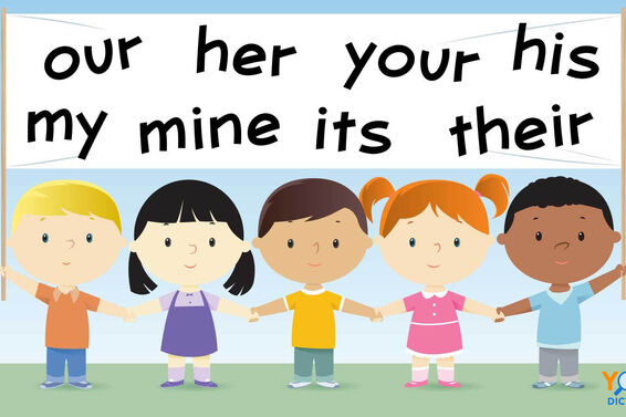 cartoon children holding hands with possessive pronoun banner